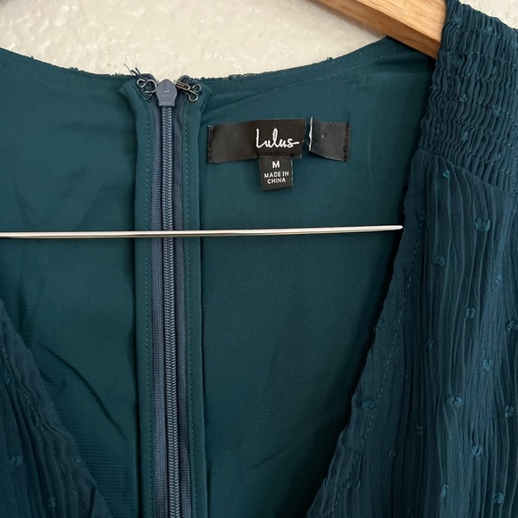 NWOT Tier to Please Dark Teal Puff Sleeve Swiss Dot Midi Dress - Picture 6 of 8
